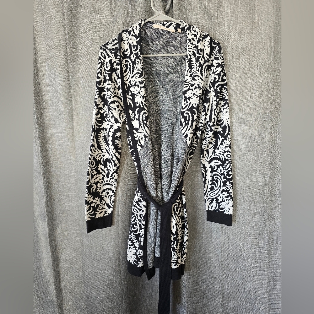 Soft Surroundings Black/Ivory Damask Floral Wrap Cardigan Size M